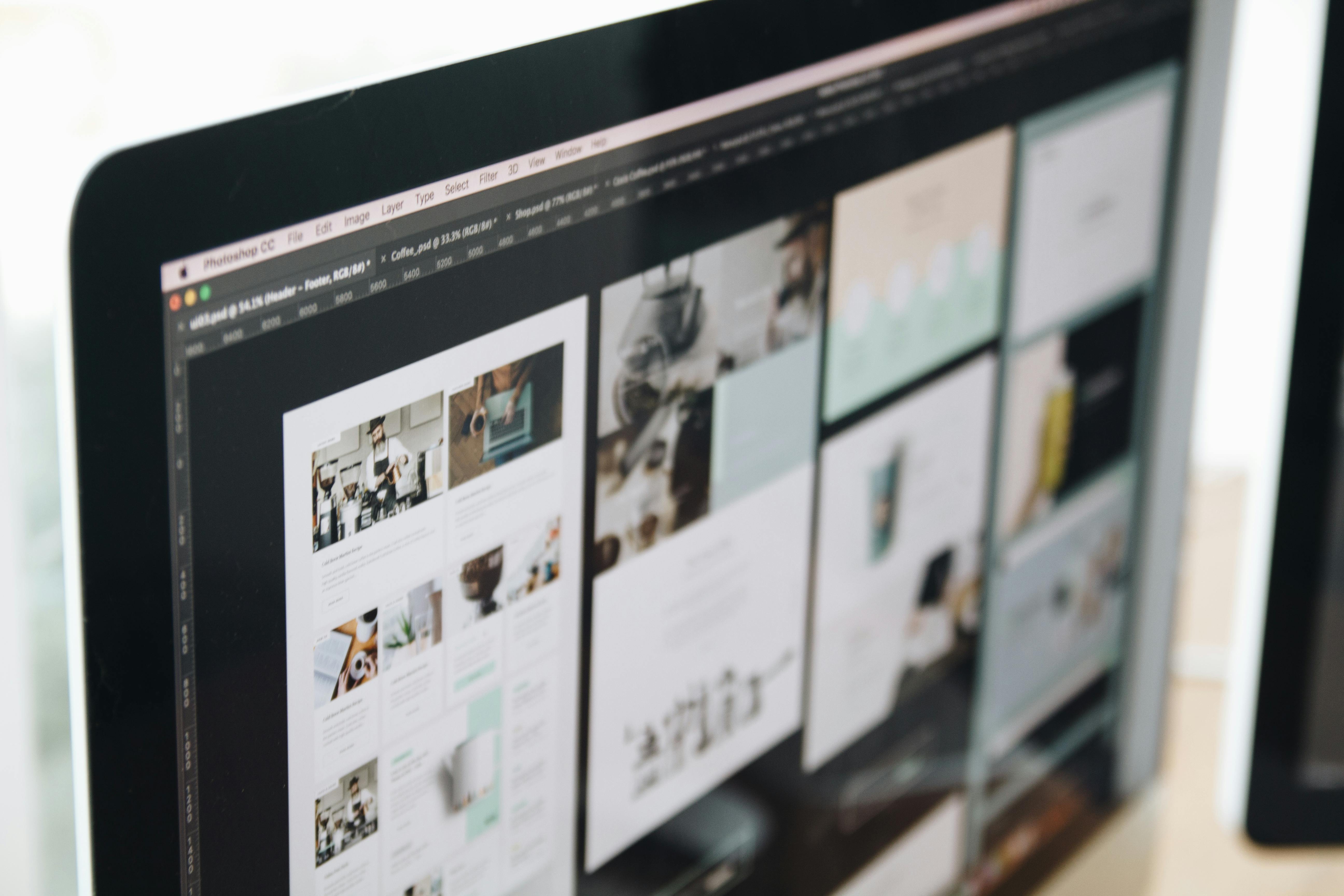 Graphic design workspace with branding materials and color palettes